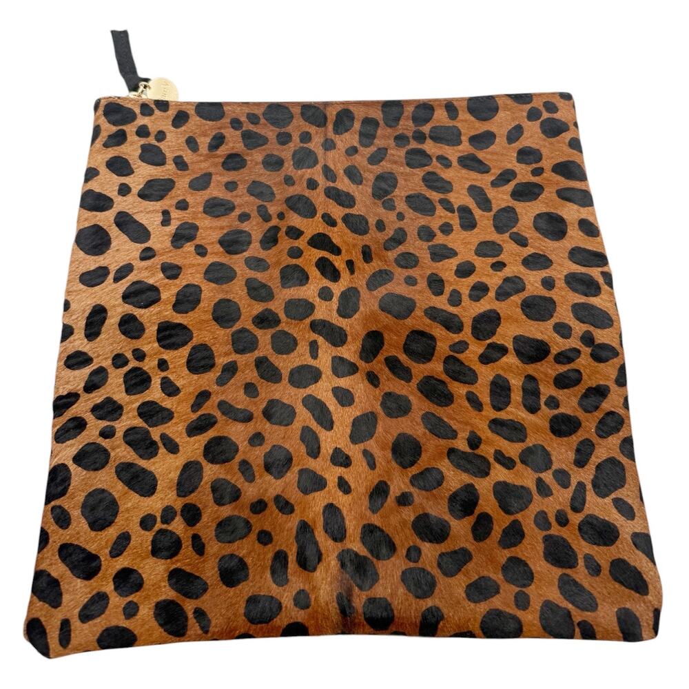 Clare Vivier Calf Hair Leopard Print Top Zip Foldover Clutch Handbag Brown Black - Picture 5 of 11